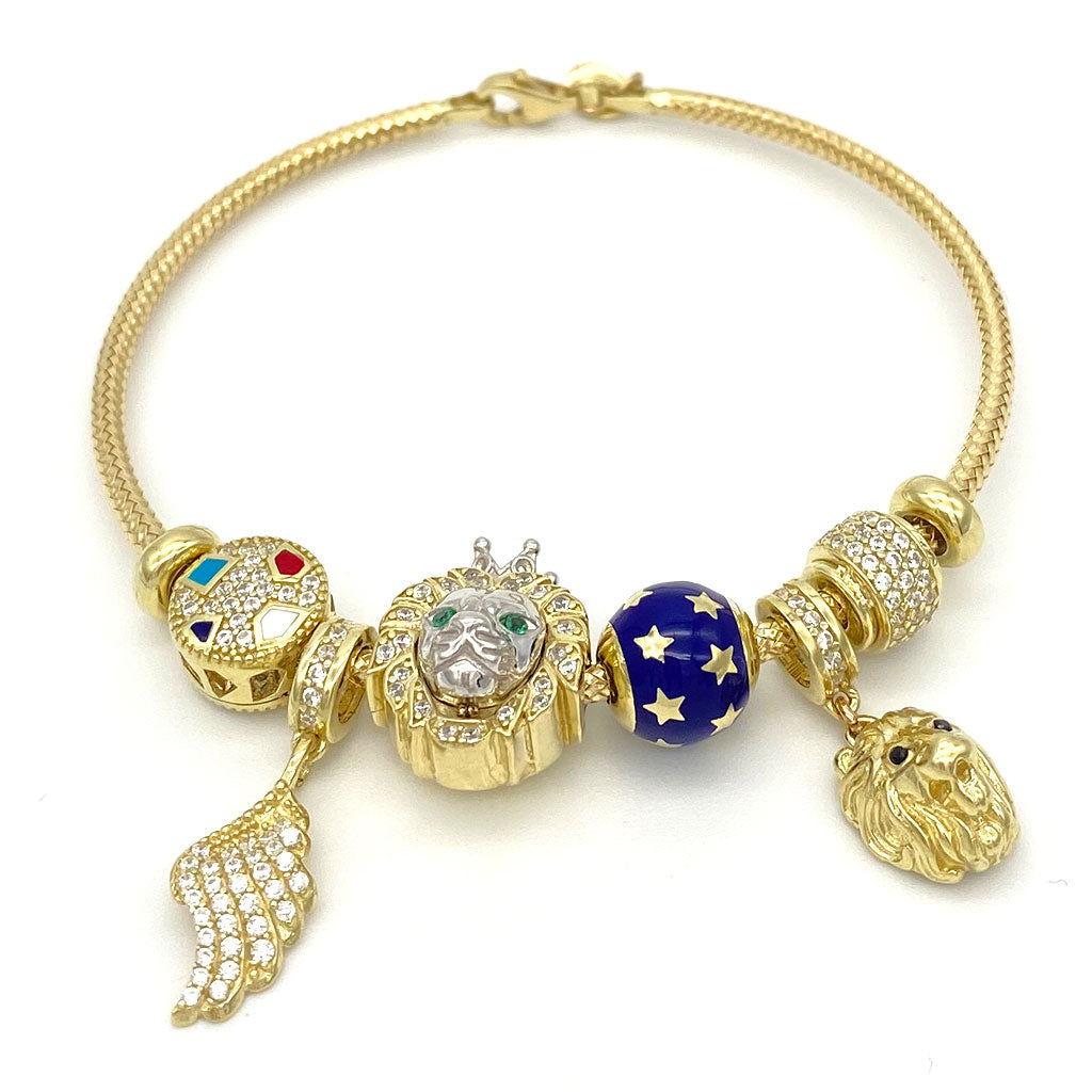 10k CZ Fancy Lion & Angel Wing Charm Bangle Bracelet